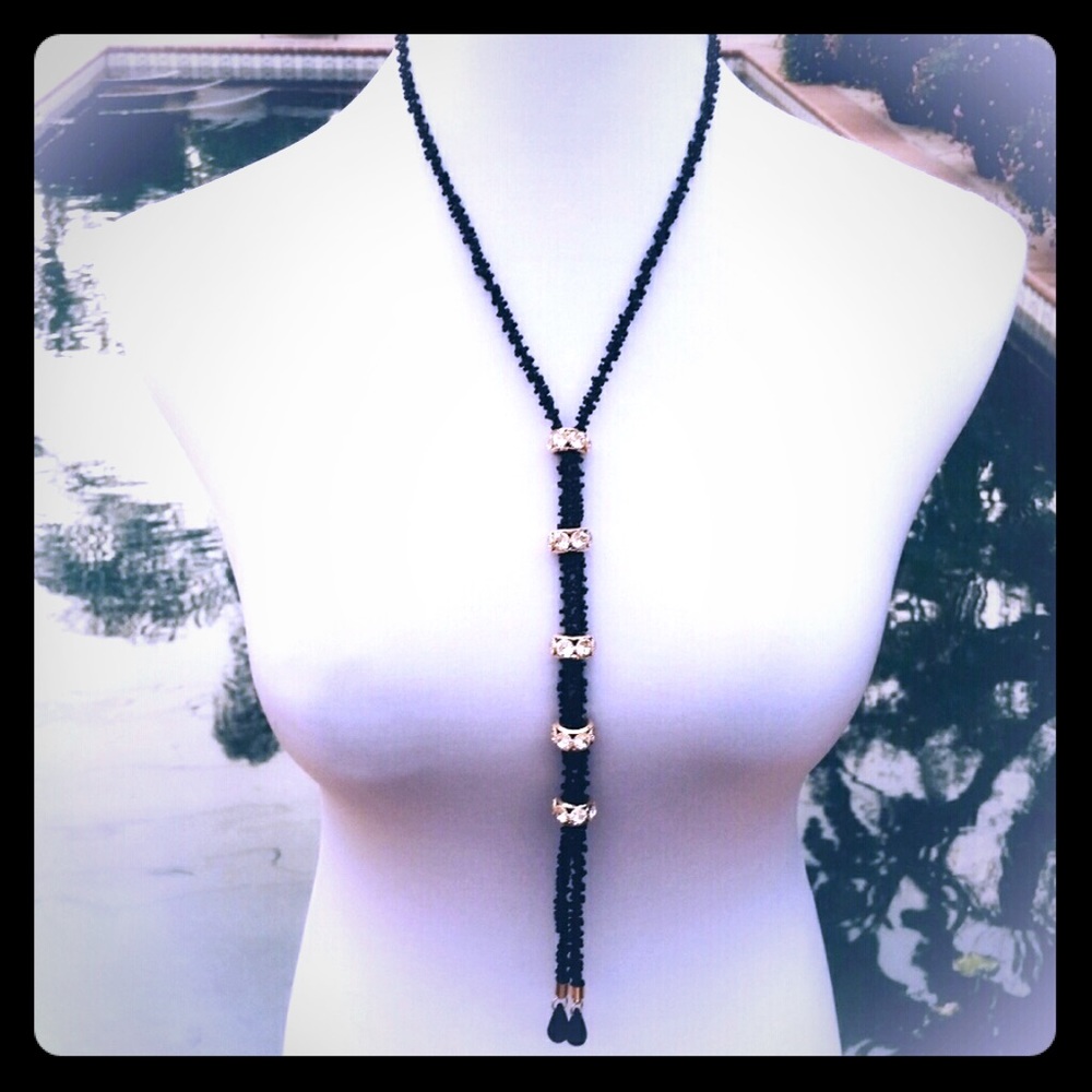 NEW Black & Gold Bead Rings Choker Tassel Necklace